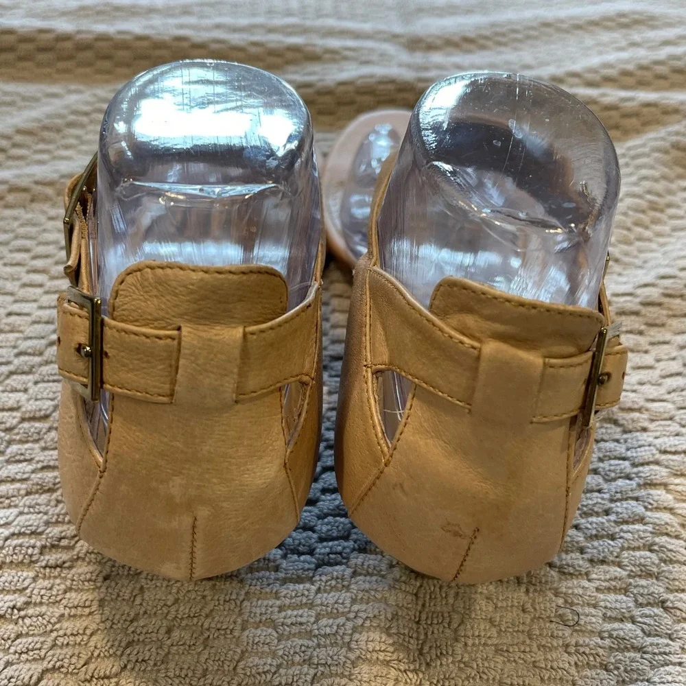Steve Madden Slyce Wedge Sandals Womens 9M Tan Leather T-Strap Boho Minimalist